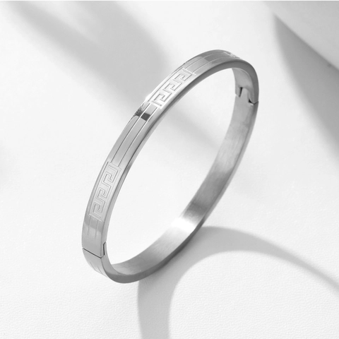 Vintage Stainless Steel Bangle Bracelet For Women Men Greek Key Meander Pattern Gold Silver Plated Jewelry Gift No Logo