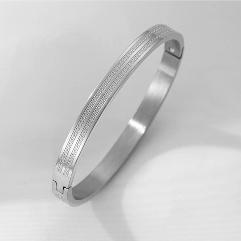 Stainless Steel Greek Key Meander Pattern Bangle Bracelet Vintage Etched Geometric Jewelry For Men Women Unisex Gold Silver