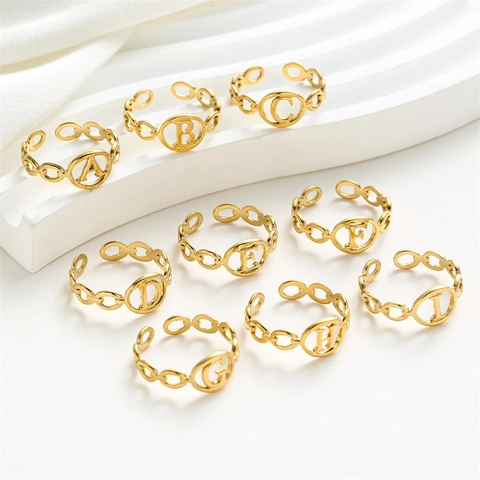Edelstahl Initialen Buchstaben Ring Für Damen 18K Gold Silber Plattiert Verstellbar Hohl Kette Band A-Z Offen Fingerring