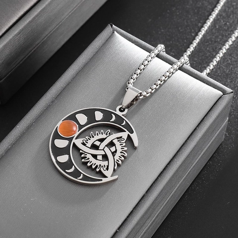 Vintage Stainless Steel Crescent Moon Pendant Necklace Celtic Knot Moon Phase Purplish Pink Stone Box Chain Mythical Jewelry