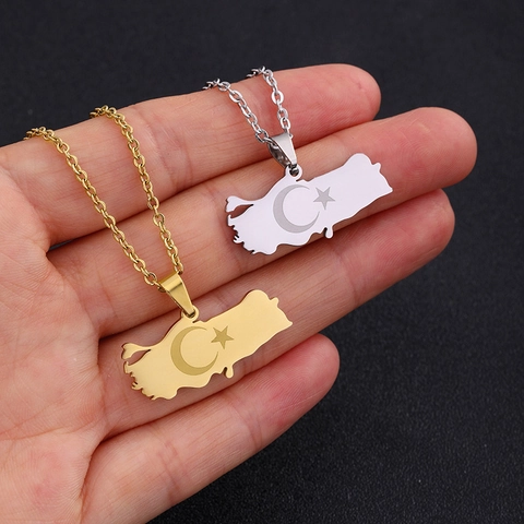 Collana con Pendente Mappa della Turchia Stella e Luna Gioielli in Acciaio Inossidabile per Uomo Donna Catena a Maglie Etnica Souvenir Regalo