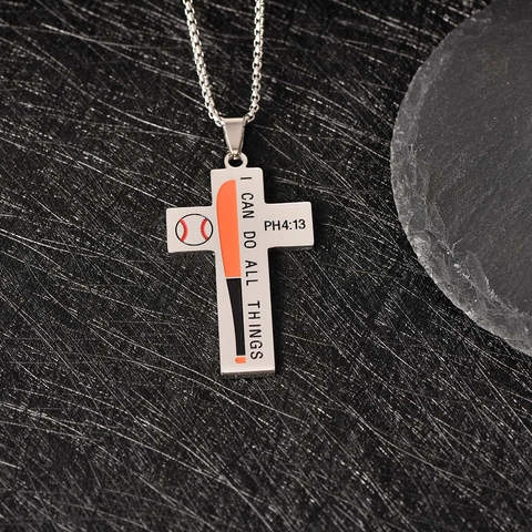 Collier Pendentif Croix de Baseball en Acier Inoxydable pour Hommes Bijoux de Sport Religieux Inspirants Avec Écriture