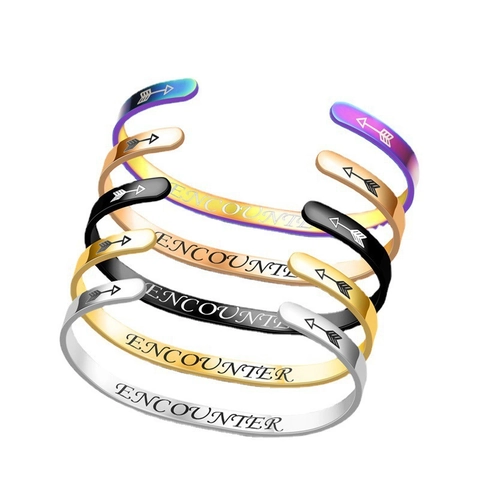 Minimalist Stainless Steel Open Cuff Bracelet For Women Men Engraved Encounter Arrow Pattern Fashion Jewelry Gift