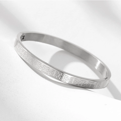 Vintage Stainless Steel Greek Key Meander Bangle For Women Geometric Pattern Hinged Bracelet Fashion Non-fading Jewelry