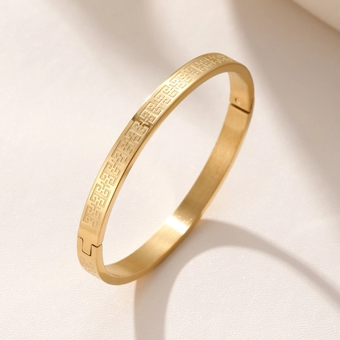 Vintage Stainless Steel Greek Key Meander Bangle For Women Geometric Pattern Hinged Bracelet Fashion Non-fading Jewelry