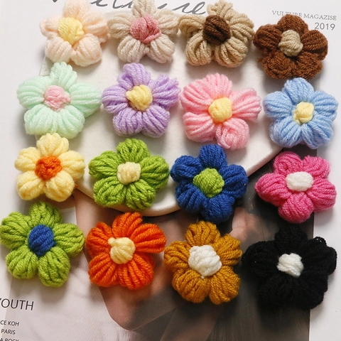 Handmade Crochet Woolen Yarn Puff Flower Charms For DIY Earrings Hairpins Hats Accessories Multi Color Cute Floral Decoration