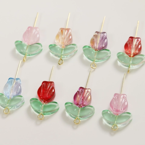 Transparent Glass Tulip Flower Leaf Beads Gold Powder DIY Jewelry Making Material For Earrings Handwear Bracelets Pendants