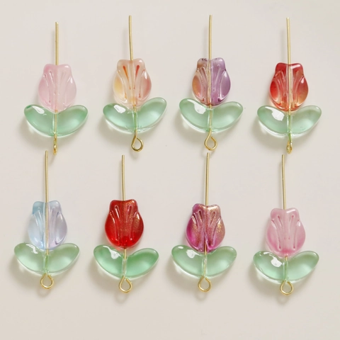 Transparent Glass Tulip Flower Leaf Beads Gold Powder DIY Jewelry Making Material For Earrings Handwear Bracelets Pendants