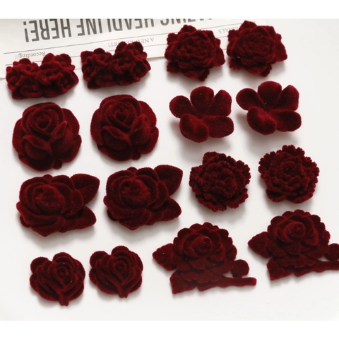 French Vintage Wine Red Velvet Flocked Flower Charms For DIY Earring Hair Clip Making Resin Alloy Botanical Rose Daisy Jewelry Accessories