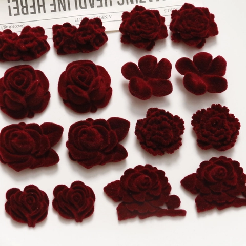 French Vintage Wine Red Velvet Flocked Flower Charms For DIY Earring Hair Clip Making Resin Alloy Botanical Rose Daisy Jewelry Accessories