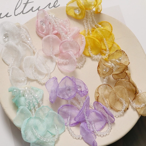 Handmade Gauze Petal Flower Tassel Pendants For Earring Jewelry Making DIY Accessories With Transparent Rhinestone Beads