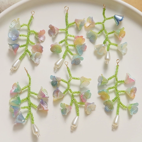 Lily Of The Valley Flower Branch Pendant Handmade Beaded Acrylic Floral Charm For DIY Earrings Jewelry Making Forest Style