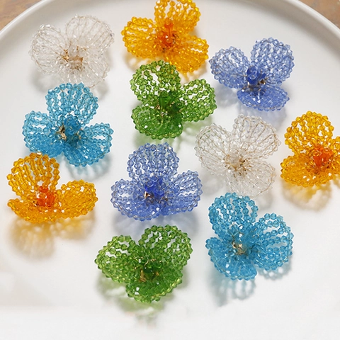 Hand Woven Crystal Bead Flower Charms For DIY Jewelry Making Earrings Hairpins Clothing Accessories Alloy Resin Floral Decorative Parts