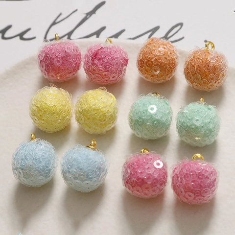 Handmade DIY Jewelry Finding Round Plush Sequin Ball Charm Fabric Wrapped Copper Loop For Earrings Hair Accessories Multi Color