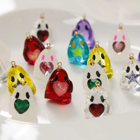 Cute Resin Cartoon Ghost Charms With Heart Star Stones Halloween DIY Pendants For Jewelry Making Bracelet Necklace Keychains