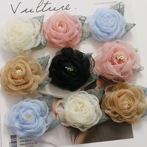 Hand-woven Mesh Fabric Camellia Rose Flower For DIY Jewelry Making Accessories Elegant Floral Hair Decoration Findings