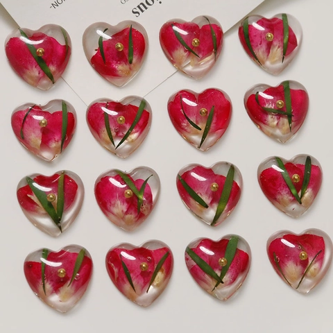 Romantic Heart Shaped Resin Stud Earrings With Real Red Dried Rose Flowers Forest Style Botanical Jewelry For Women