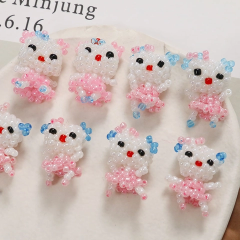 Handmade Beaded Cat Phone Charm Cute Woven Animal Pendant Pink Blue Kitty Accessory For Phone Bag Decoration