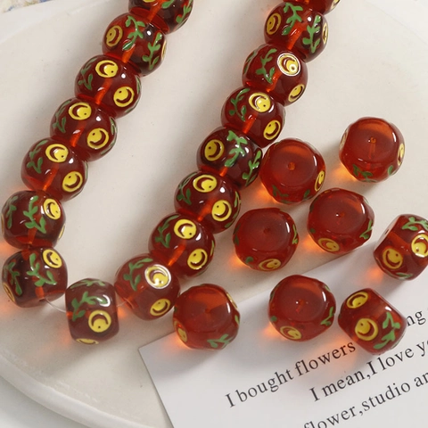14mm Resin Round Loose Beads Painted Leaf Smile Face Pattern For DIY Jewelry Making Bracelet Necklace Accessories Amber Red