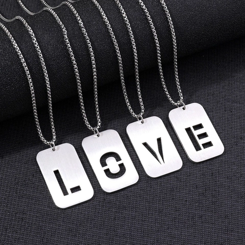 Stainless Steel Hollow Initial Letter Dog Tag Pendant Necklace Unisex Silver Color Military Style Jewelry Gift Accessory