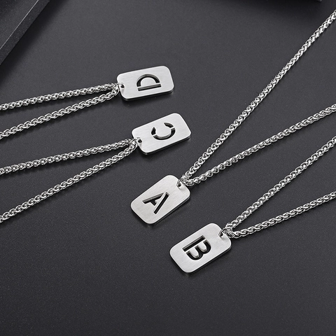 Stainless Steel Hollow Initial Letter Dog Tag Pendant Necklace Unisex Silver Color Military Style Jewelry Gift Accessory