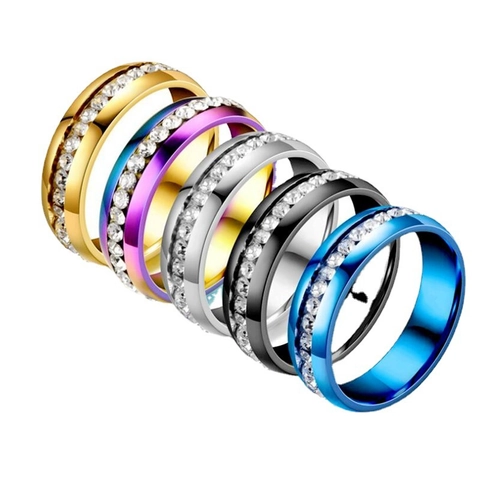 Bague Mode en Acier Inoxydable Avec Strass pour Hommes Femmes Simple Rangée Incrustée Anneau Poli Bijoux Bague de Mariage