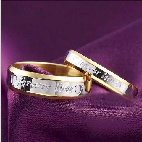 Anillos de Pareja Forever Love de Acero Inoxidable con Grabado de Corazón Bicolor Dorado Plateado Anillo de Banda de Moda