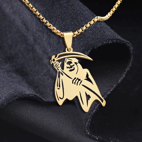 Collar Gótico De Acero Inoxidable Con Colgante De Parca Calavera Retro Joyas Punk Para Hombres Mujeres Halloween