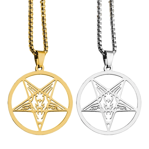 Collar de Colgante de Cabeza de Cabra Baphomet Pentagrama de Acero Inoxidable Joyería Punk Gótica Redonda Hueca Hombre Mujer Regalo Halloween