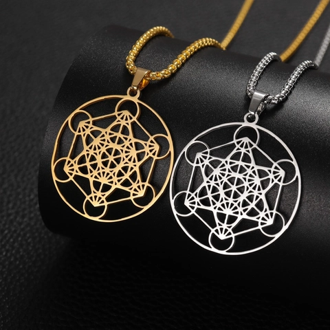 Collier Pendentif Géométrique Cube de Métatron en Acier Inoxydable Hommes Femmes Hexagramme Rond Ajouré Bijoux Géométrie Sacrée