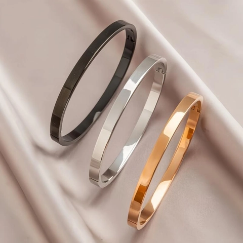 Stainless Steel Bangle Bracelet Polished Mirror Finish Hinged Clasp Minimalist Jewelry Unisex Fashion Couple