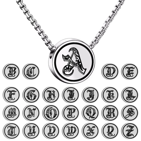 Gothic Initial Letter Pendant Necklace Stainless Steel Retro Round Coin Medal Box Chain Jewelry Gift For Men Women