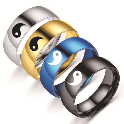 8mm Stainless Steel Yin Yang Tai Chi Bagua Ring Vintage Ethnic Style Polished Band Ring For Men Women Couple Jewelry