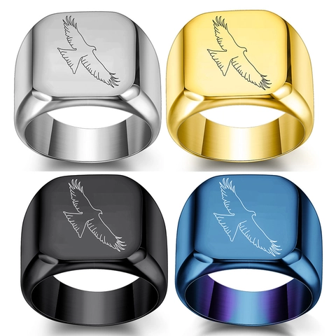 Vintage Men 304 Stainless Steel Square Eagle Signet Ring Laser Engraved Punk Rock Animal Jewelry Gold Blue Steel Black