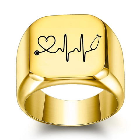 304 Stainless Steel ECG Heart Stethoscope Signet Ring For Men Vintage Medical Professional Theme Laser Engraved Band Ring