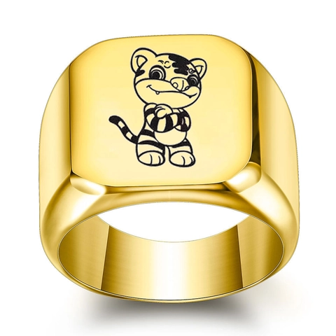 Minimalist Stainless Steel Chinese Zodiac Signet Ring Cartoon Animal Pattern Polished Gold Silver Finger Ring Fashion Jewelry Gift For Men Women