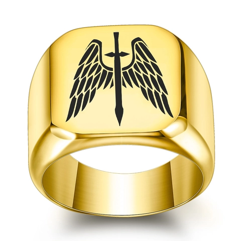 Anello con Sigillo in Acciaio Inossidabile con Ali d'Angelo e Spada Vintage per Uomo Anello a Fascia Quadrata Gothic Punk Biker Gioielli Hip Hop
