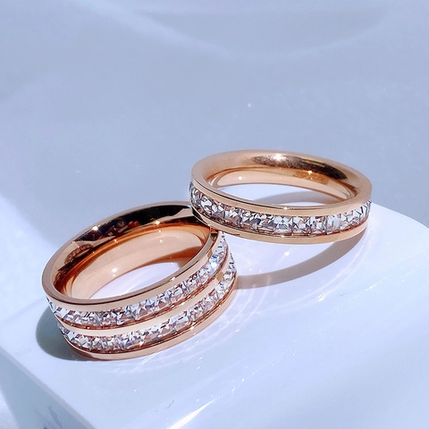 Anillo de Acero de Titanio con Strass para Mujer Estilo Occidental Hilera Simple Doble Pave Eternity Band Oro Oro Rosa Plata Joyería