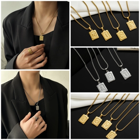 Collier Pendentif Lettre Initiale en Acier Inoxydable Vintage Pour Hommes Femmes Or Argent Chaîne Box Carrée Bijoux Cadeau