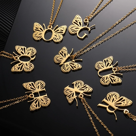 Stainless Steel Butterfly Wing Initial Pendant Necklace For Women Hollow Alphabet O-chain Gold Plated Choker Daily Jewelry Gift