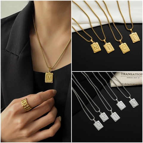 Collier Pendentif Lettre Initiale en Acier Inoxydable Vintage Pour Hommes Femmes Or Argent Chaîne Box Carrée Bijoux Cadeau