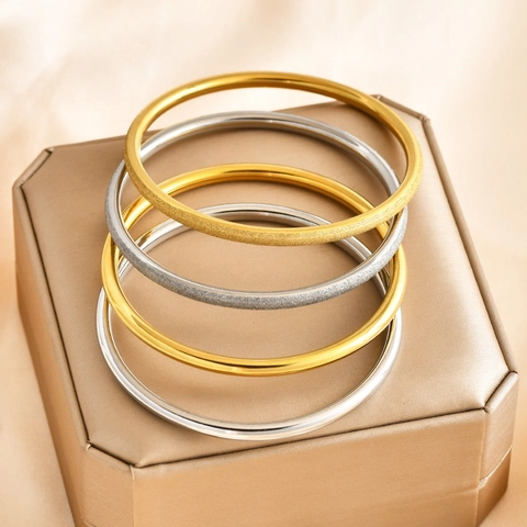 Stainless Steel Bangle Bracelet Minimalist Gold Silver Plated Frosted Polished Solid Round Plain Band Jewelry For Women Men