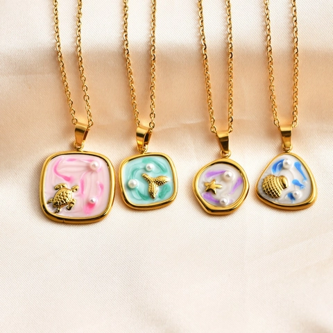 Collana con Pendente Serie Marina Oceano in Acciaio Inossidabile Con Stella Marina Conchiglia Tartaruga Coda di Pesce Smalto