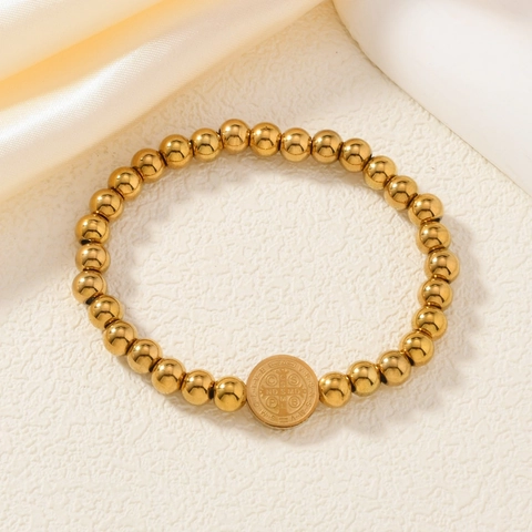 Bracelet Vintage en Acier Inoxydable Plaque Or Avec Médaille de Saint Benoît Pour Homme Femme Bijou Amulette de Protection