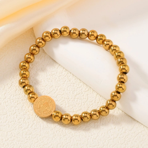 Bracelet Vintage en Acier Inoxydable Plaque Or Avec Médaille de Saint Benoît Pour Homme Femme Bijou Amulette de Protection