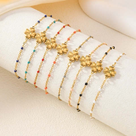 Böhmisches Edelstahl Vierblättriges Kleeblatt Armband Für Damen Vergoldet Herzform Buntes Perlenkette Armband Schmuck