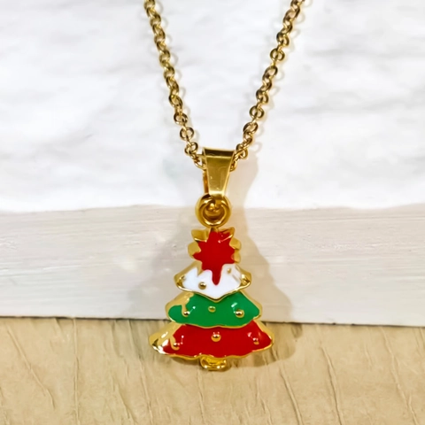 Christmas 304 Stainless Steel Necklace Enamel Snowman Snowflake Tree Pendant Gold Chain Festive Jewelry Women Gift