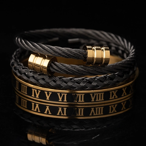 Ensemble de Bracelets Vintage en Acier Inoxydable pour Hommes Chiffres Romains Prière Italienne Croix Gravée Bijoux Style Hip Hop