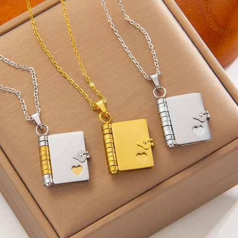 Stainless Steel Heart Cutout Book Locket Necklace For Women Men Trendy Minimalist Style Chain Fashion Jewelry Gift Accessory
