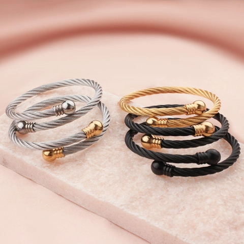 Hip Hop Stainless Steel Cable Wire Twisted Bangle For Men Women Adjustable Open Ball Head Gold Silver Black Cuff Bracelet